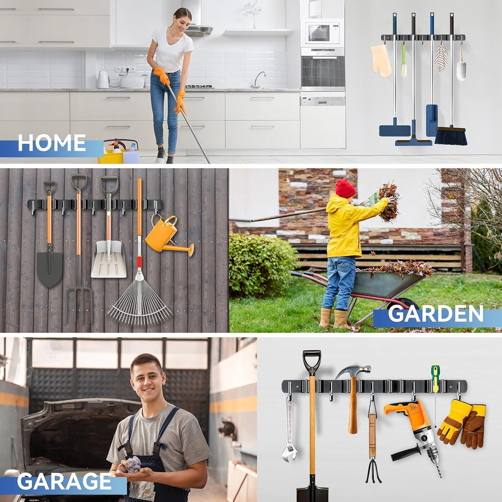 ZONGOOL Broom Holder Wall Mount - Heavy Duty 2 Pack Organizer with 4 Racks & 5 Hooks | Black
