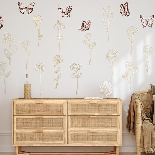 Yalikop 72 Pcs Wooden Wildflowers Wall Decor Set Boho Nursery Decor for Girl Baby Bedroom Decals Flowers Cutout Signs Wooden Butterflies Art for Nursery Baby Room Home