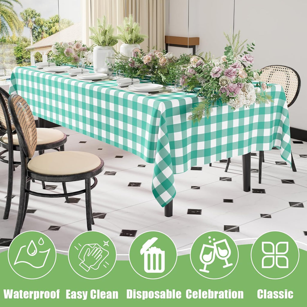 Smiry Disposable Tablecloths - 3 Pack Teal Gingham, Heavy Duty Waterproof 54" x 108" Covers for Parties