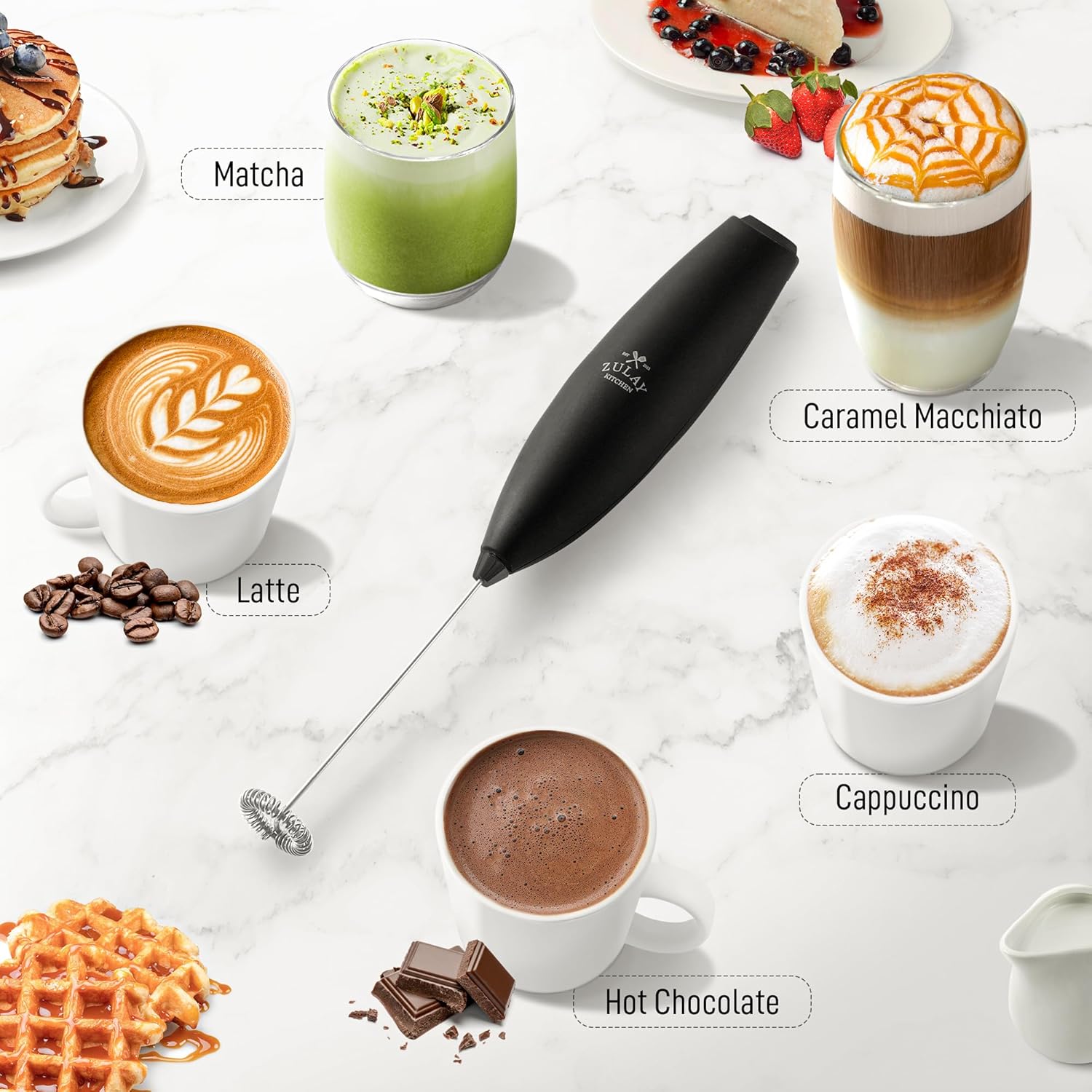 Zulay Kitchen Milk Frother Handheld Electric Whisk with AA Duracell Batteries – Durable Drink Mixer for Coffee, Lattes, Cappuccinos & More - Carbon Black