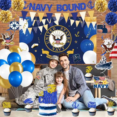 Navy Party Decorations - Navy Bound Banner Boot Camp Decor Military Themed Banner Boot Camp Bound Cupcake Topper Military Backdrop Balloons Tissue Pompoms Swirls