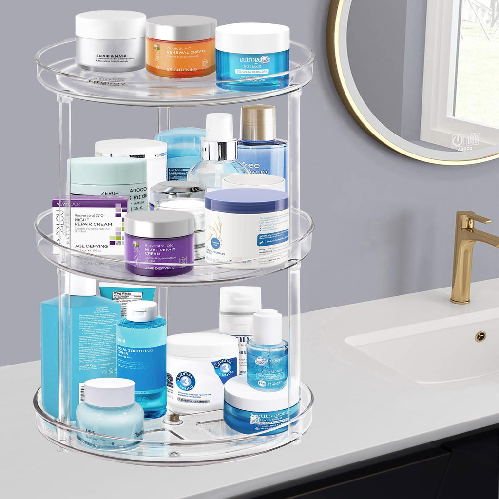 3 Tier Lazy Susan Bathroom Organizer, 9.25 Inch Clear Makeup Skincare Storage, Perfume Bathroom Organizer Countertop- Make Up Organizers and Storage