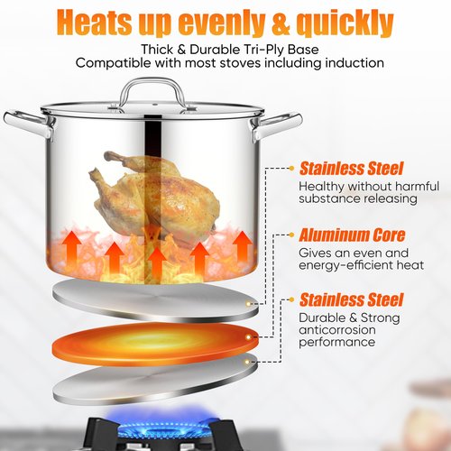 E-far 16 Quart Stainless Steel Stock Pot, Large Heavy Duty Induction Stockpot with Glass Lid for Cooking Soup Canning, Thick Tri-Ply Bottom & Riveted Handle, Compatible with All Stove, Dishwasher Safe