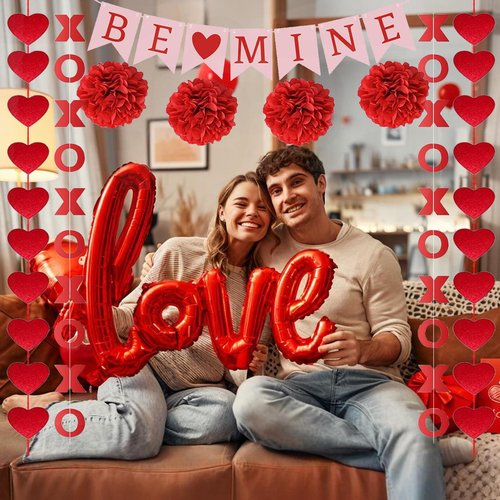 Valentines Day Decorations, Pre-Assembled Hanging Heart and XO Garlands, Be Mine Love Banner, Red Love Foil Balloon and Paper Ball, Valentine's Day Party Decor for Home Classroom Office