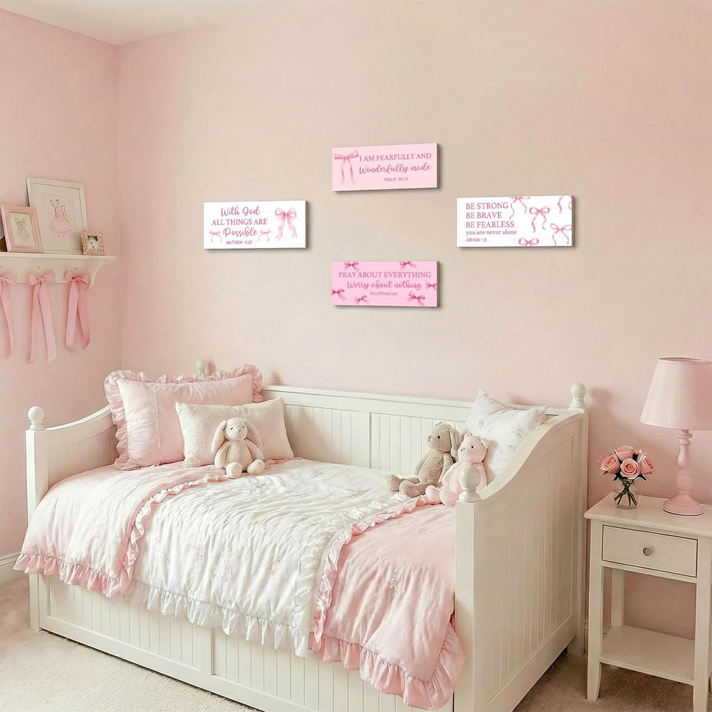 Skiennix Pink Bow Coquette Wooden Wall Decor - Inspirational Christian Art for Nursery & Bedroom