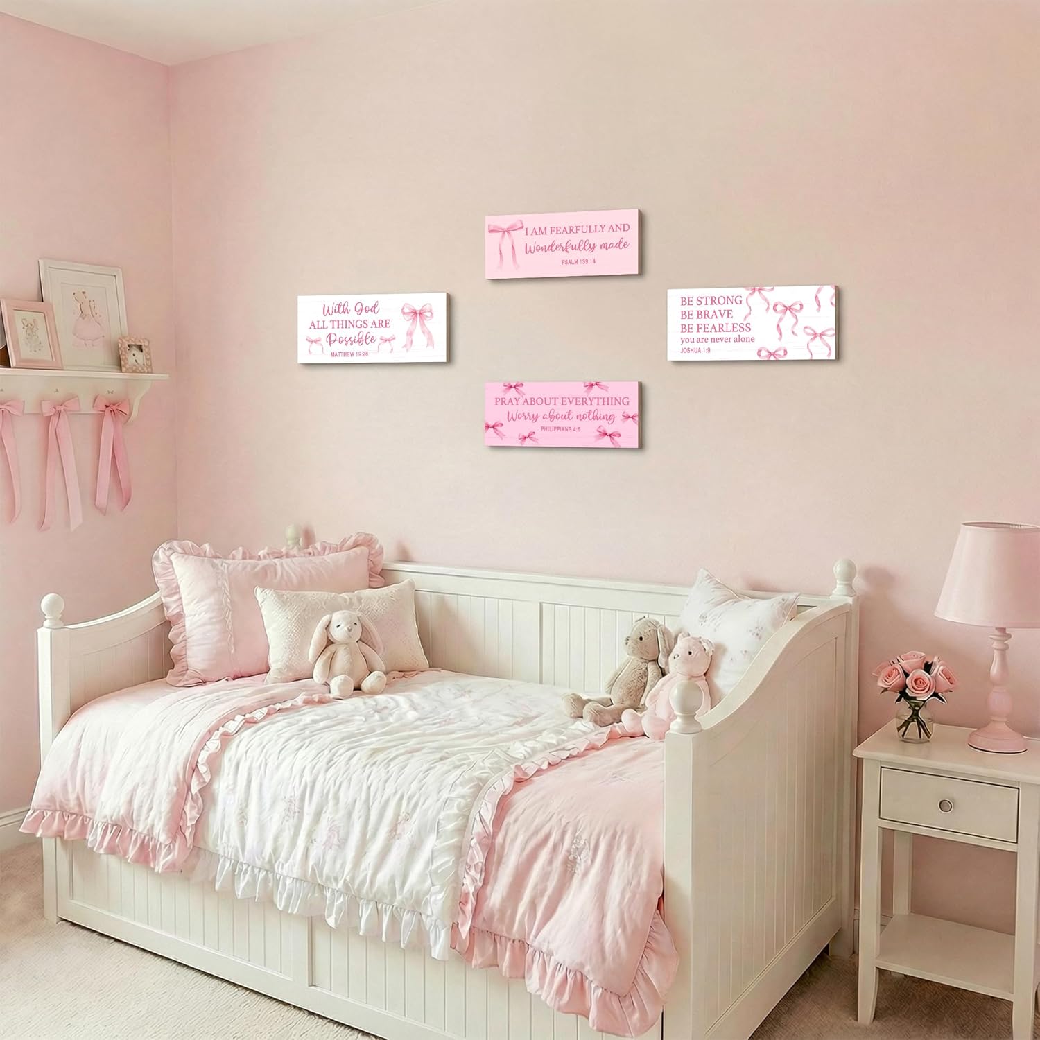 Skiennix Pink Bow Coquette Wooden Wall Decor - Inspirational Christian Art for Nursery & Bedroom