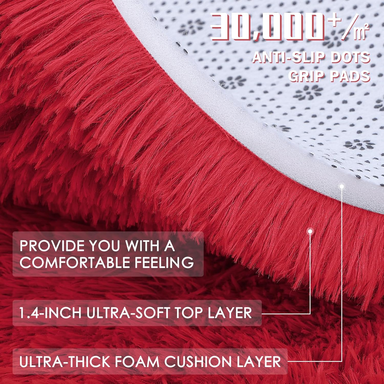 OLANLY Red Round Area Rug - Soft, Fluffy Shaggy Carpet | 9 ft Machine Washable for Bedroom & Living Room Decor