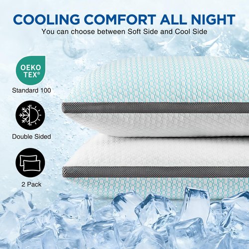 Baskbed Cooling Pillows Queen Size Set of 2, Shredded Memory Foam Pillows 2 Pack, Bed Pillow for Hot Sleepers Adjustable Firm Pillow for Side, Back and Stomach Sleepers, Machine Washable