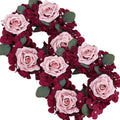 Artificial Flower Candle Rings - 6-Inch Rose Floral Wreaths with Butterflies for Wedding Centerpieces | Burgundy & Dusty Pink
