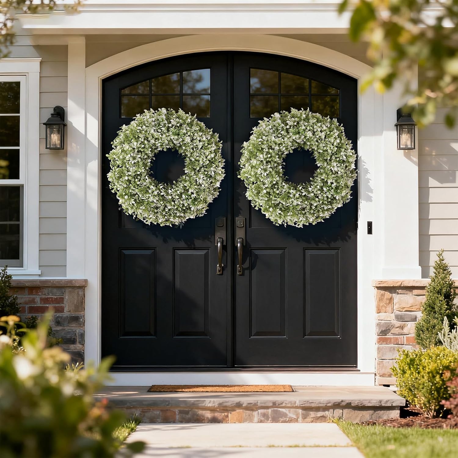 Skiennix 26" Artificial Boxwood Wreath - Large Faux Aglaia Odorata for Year-Round Outdoor Decor | White-Green