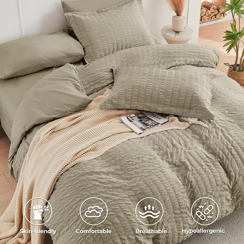 HYMOKEGE Linen Full Size Comforter Set - Luxurious 7-Piece All-Season Bedding in Seersucker Design