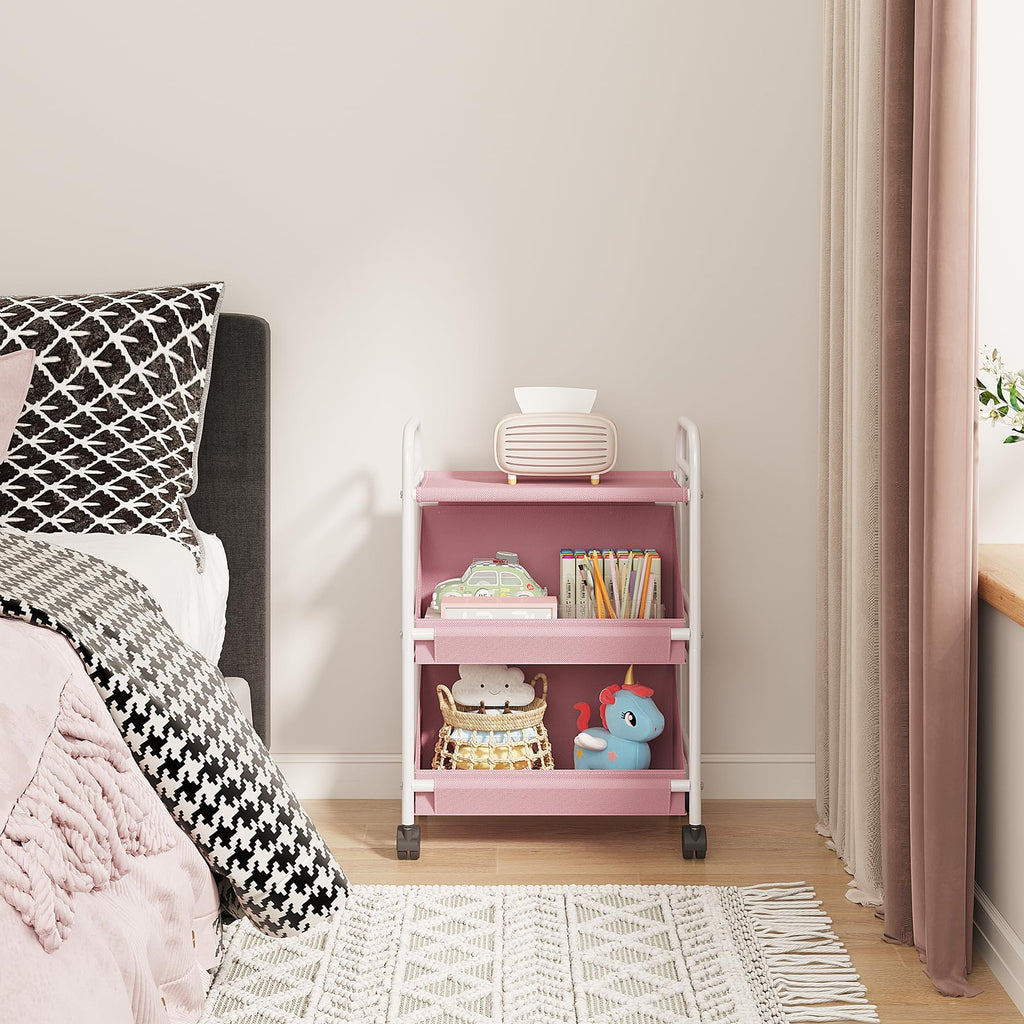 Buzowruil Utility Rolling Fabric Storage Rack Trolley Toy Cart Trolley with 2 Large Storage Boxes,Wheels, Suitable for Bedroom, Living Room, Entryway, Pink