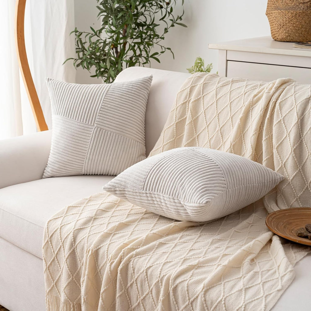 Skiennix Decorative Throw Pillow Covers - Set of 2 | 18x18 Inch Soft Corduroy Striped Cushion Cases in Cream White for Boho Farmhouse Decor