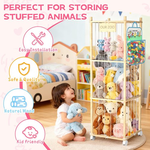 DUOQNY Stuffed Animal Storage, 54-Inch Wooden Large Toy Storage Organizer with Bag & A Cloth Underneath - Holds Plush Toys, Small Objects for Kids Bedroom, Nursery, Playroom - Gift for Children