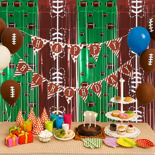 Boao 2 Pack Football Party Decorations 3.3x6.6 ft Shiny Tinsel Backdrop Green and Brown Football Tinsel Foil Fringe Curtains Backdrop Photo Props for Sports Rugby Birthday Party Home Decorations