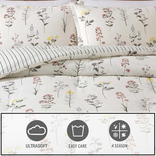 Eddie Bauer - Twin Comforter Set, Super Soft Reversible Bedding with Matching Sham, Floral & Pinstripe Design (Wildflower Beige, Twin)