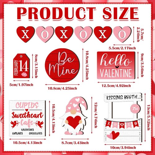 Jetec 12 Pcs Valentine's Day Tiered Tray Decor Set Heart Wood Sign XOXO Gnome Truck Rustic Farmhouse Tray Signs Table Decor for Romantic Valentine's Day Kitchen Home(Gnome with Love)