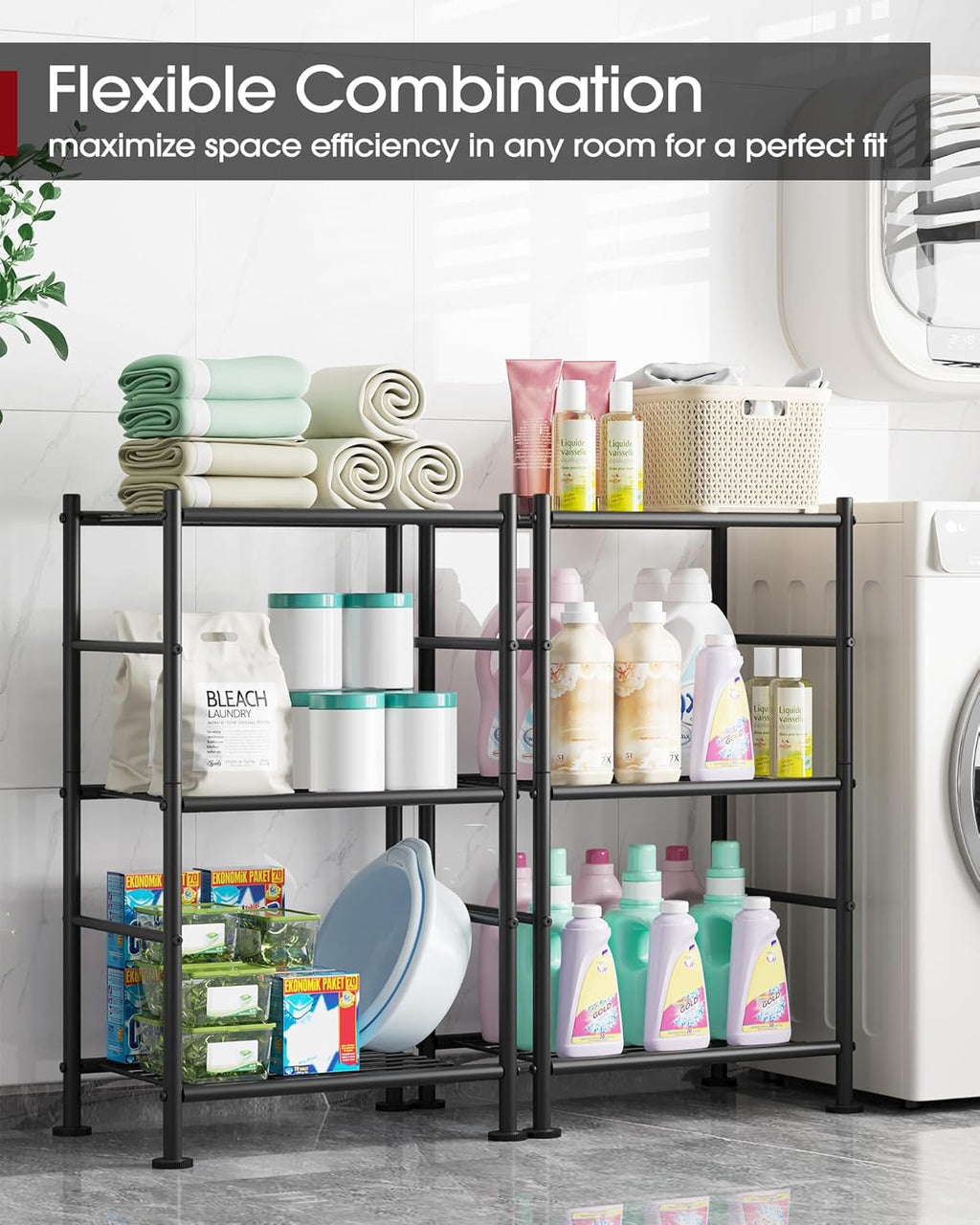 Sakugi Storage Shelves - Sturdy 3-Tier Metal Organizer with Adjustable Feet | Space-Saving Black Shelving (18" x 12" x 30")