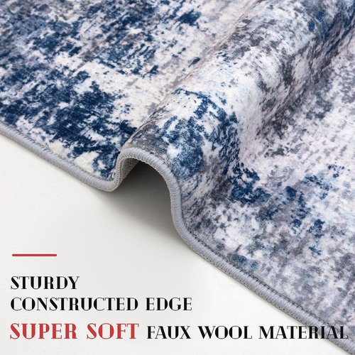 Lansny Modern Abstract Runner Rug - Washable Non-Slip 2x6 Grey Navy Blue Faux Wool Carpet for Home Decor