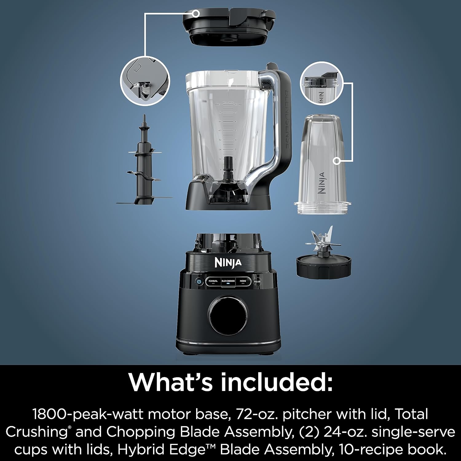 Ninja Blender & Food Processor - All-in-One Kitchen Appliance for Smoothies & More | 72 oz. Pitcher & (2) 24 oz. To-Go Cups | 1800 Watt | Black | TB301