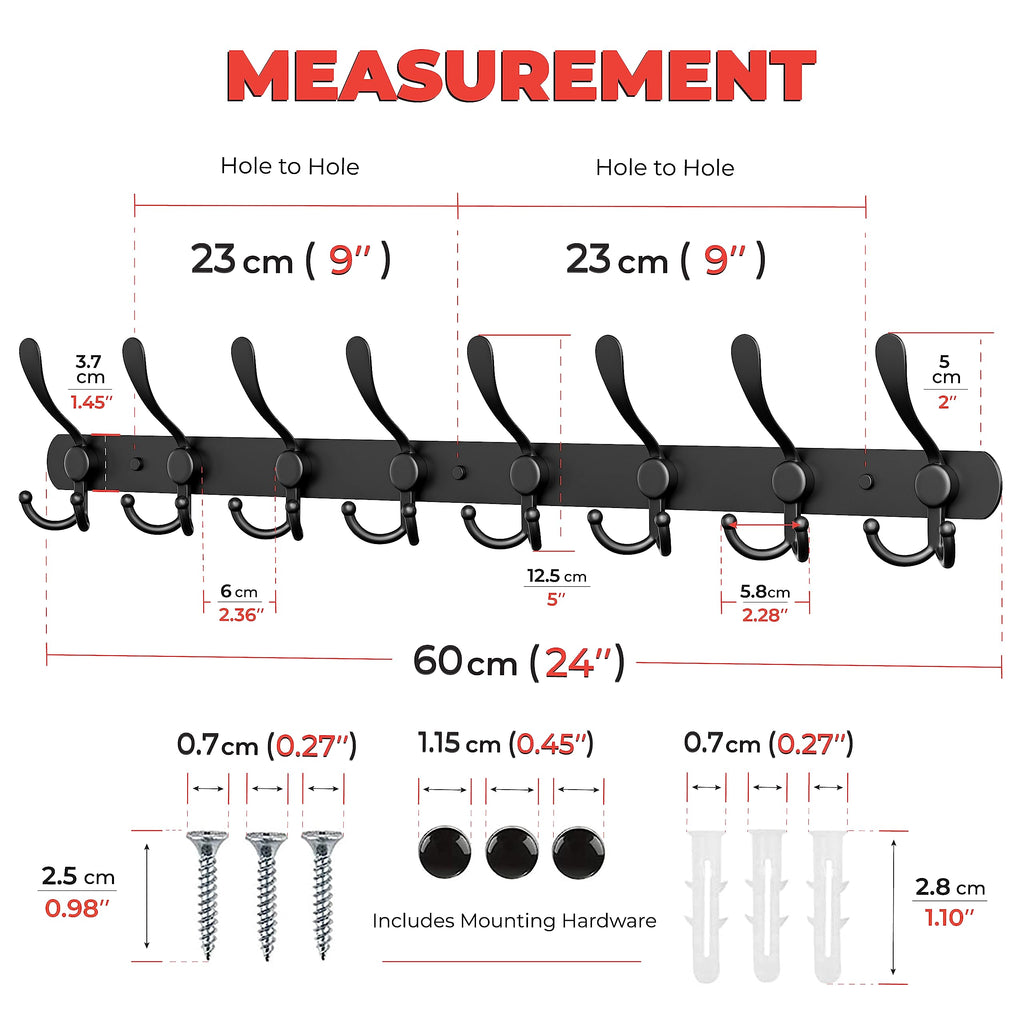Coat Rack Wall Mount with 8 Tri Hooks, Stainless Steel 24 Inch – Black Matte Finish, Heavy Duty Wall Mounted Hook Rack for Coats, Hats, Towels, Scarfs, Robes, Bags, Entryway & Bathroom - 2 Pack