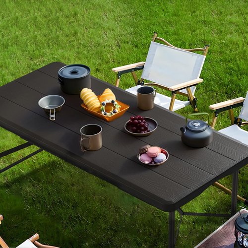 RootRise 4Ft Folding Table Portable Folding Tables Heavy Duty 400 lbs Capacity, Wood Grain Tabletop for Working Meeting Parties, Picnic, Camping, Weddings, Garden Dining-Black (4FT)