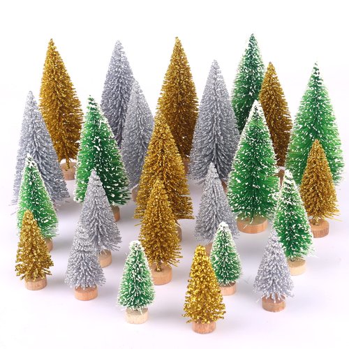 Desktop Miniature Pine Tree Tabletop Christmas Tree Small Pine Tree Decor Christmas Tree Toppers 30pcs(Silver/Gold/Green 30pcs)