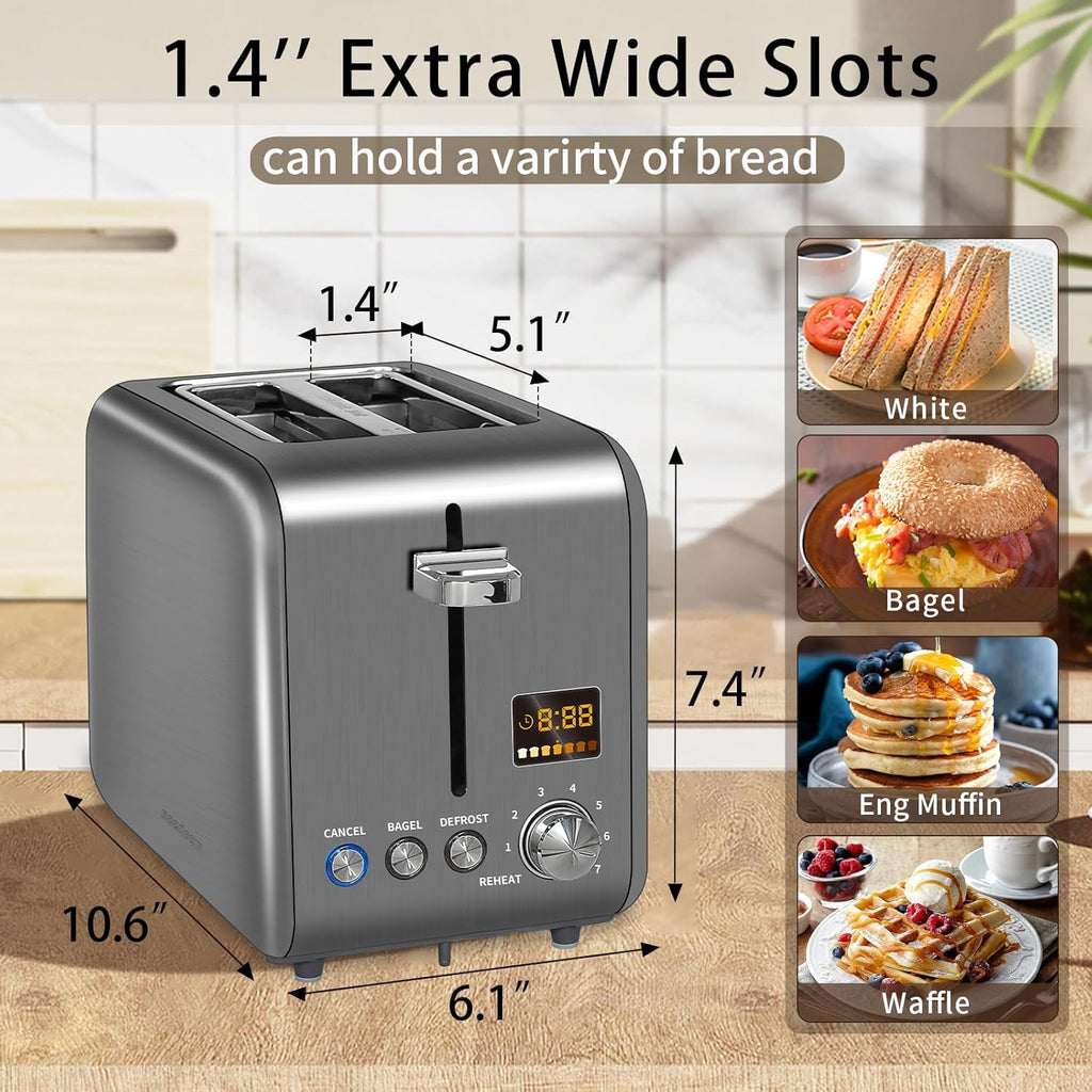 SEEDEEM 2-Slice Stainless Steel Toaster - LCD Display, 7 Shade Settings, 1.4'' Wide Slots, Dark Metallic