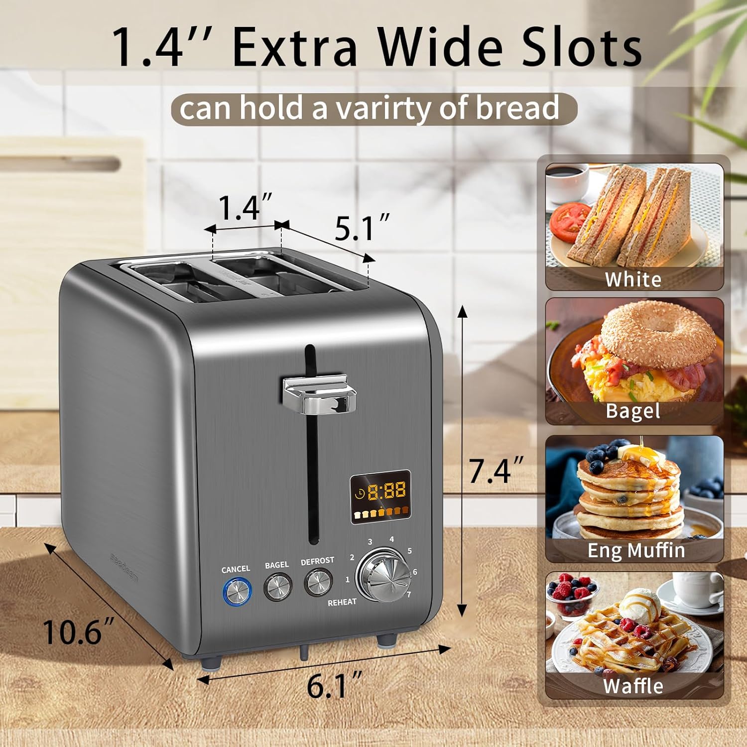 SEEDEEM 2-Slice Stainless Steel Toaster - LCD Display, 7 Shade Settings, 1.4'' Wide Slots, Dark Metallic