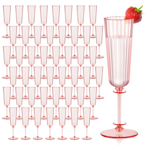 48 Pack Plastic Champagne Flutes Pink Unbreakable Ribbed Champagne Glasses Detachable 5.5 Oz Disposable Stemware Glasses Wine Toasting Cups for Wedding Valentines Engagement Pink Themed Party