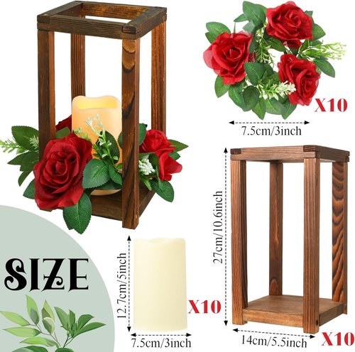 Hushee 30 Pcs Rustic Wooden Lantern Centerpieces - Integrated Candle Holders for Weddings & Home Decor | Brown & Red