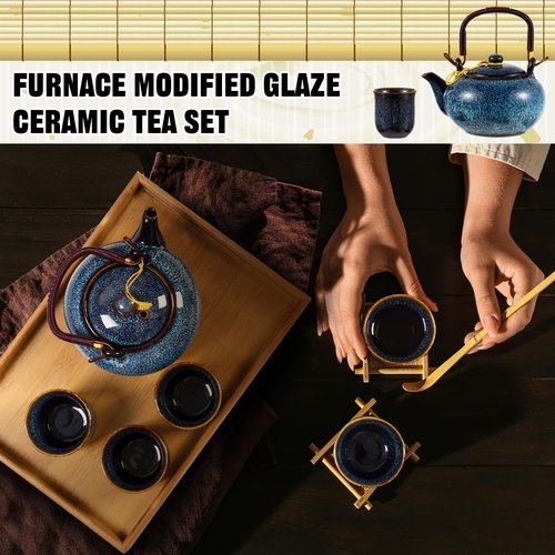 Layhit Japanese Asian Tea Set for Adults with 1 Teapot 6 Cups 1 Tray Traditional Portable Japanese Kiln Altered Glaze Porcelain Tea Set for Women Mother's Day Gifts(Blue)