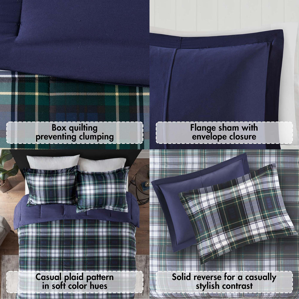 Madison Park Essentials Parkston Plaid Comforter Set Soft Brushed Microfiber College Bedding, 3M Scotchguard Stain Release Cover, Modern All Season Cabin Bedding, Full/Queen, Navy, 3 Piece