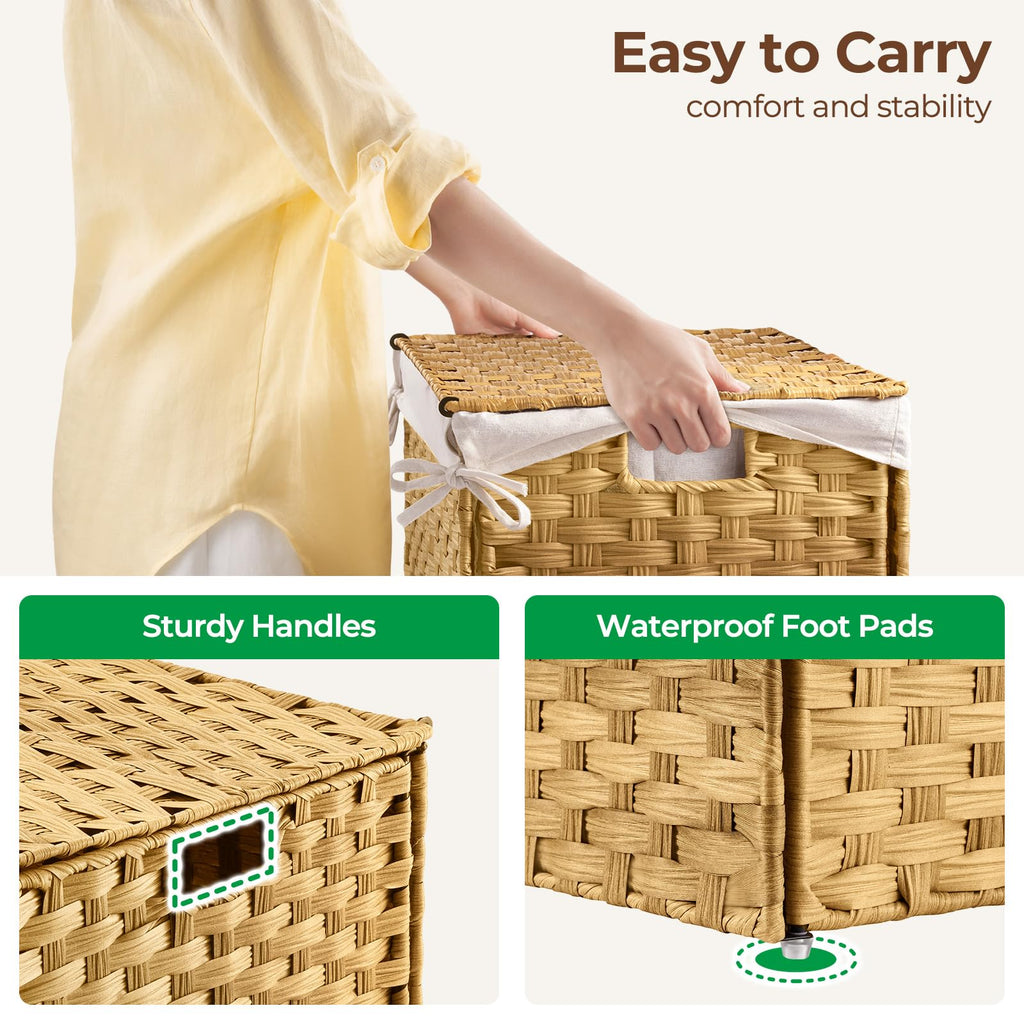 GREENSTELL Storage Basket with Lid, 27.7 Gallon(105L) Lagre Wicker Blanket Storage Basket with Handles, Foldable, 2 Removable Liner Bags, Metal Frame, for Bedroom, Laundry Room, Natural