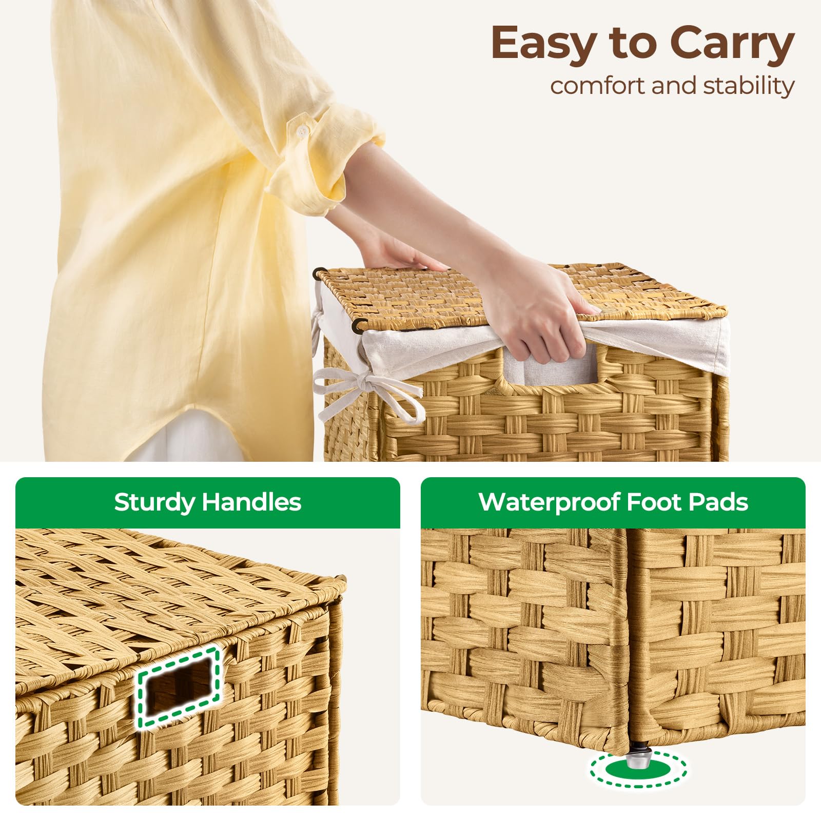 GREENSTELL Storage Basket with Lid, 27.7 Gallon(105L) Lagre Wicker Blanket Storage Basket with Handles, Foldable, 2 Removable Liner Bags, Metal Frame, for Bedroom, Laundry Room, Natural