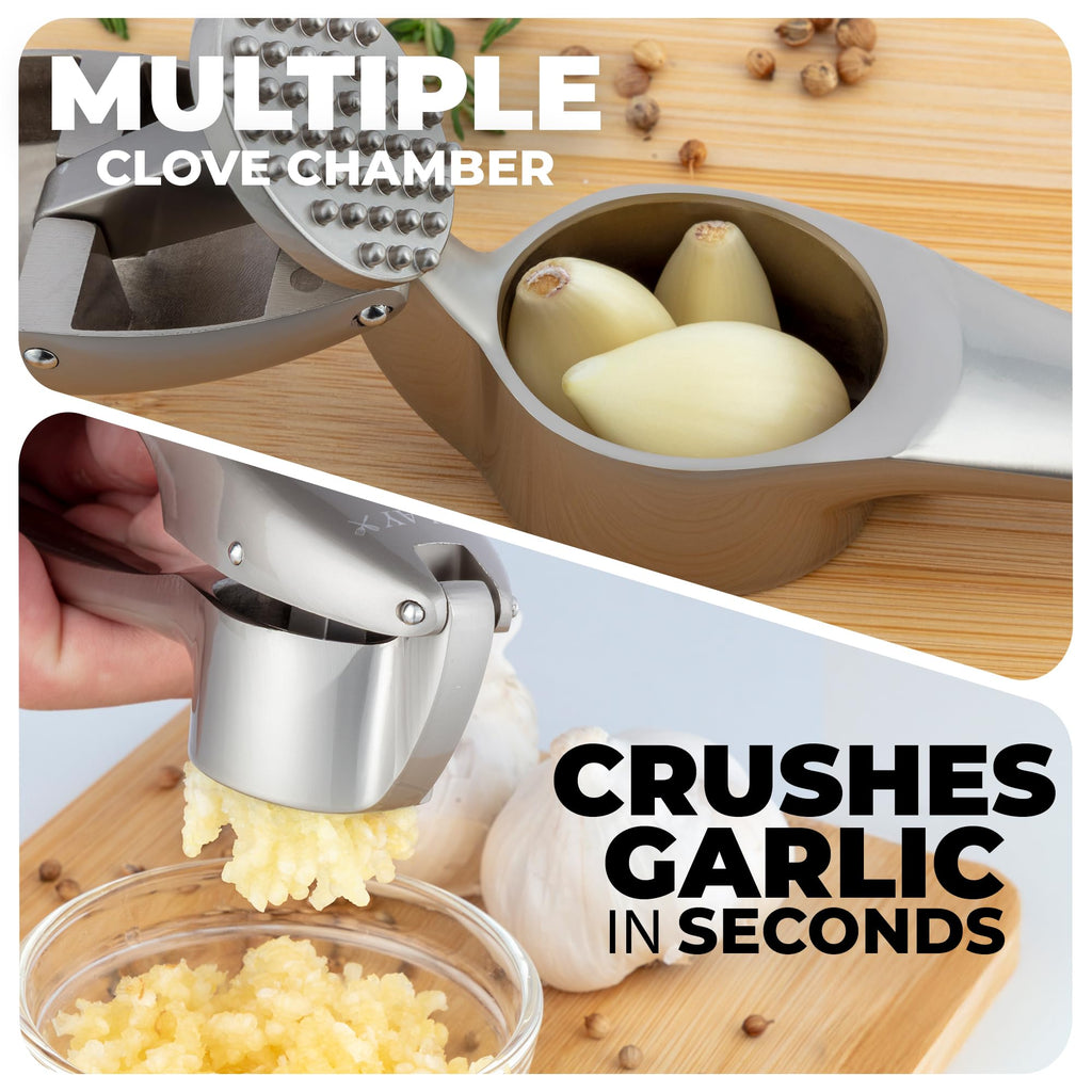 Zulay Kitchen Large Premium Garlic Press Set – Rust Proof & Dishwasher Safe, Bigger Bowl Garlic Mincer Tool with Silicone Garlic Peeler & Brush, Easy Squeeze & Clean, Ergonomic Handle - Silver