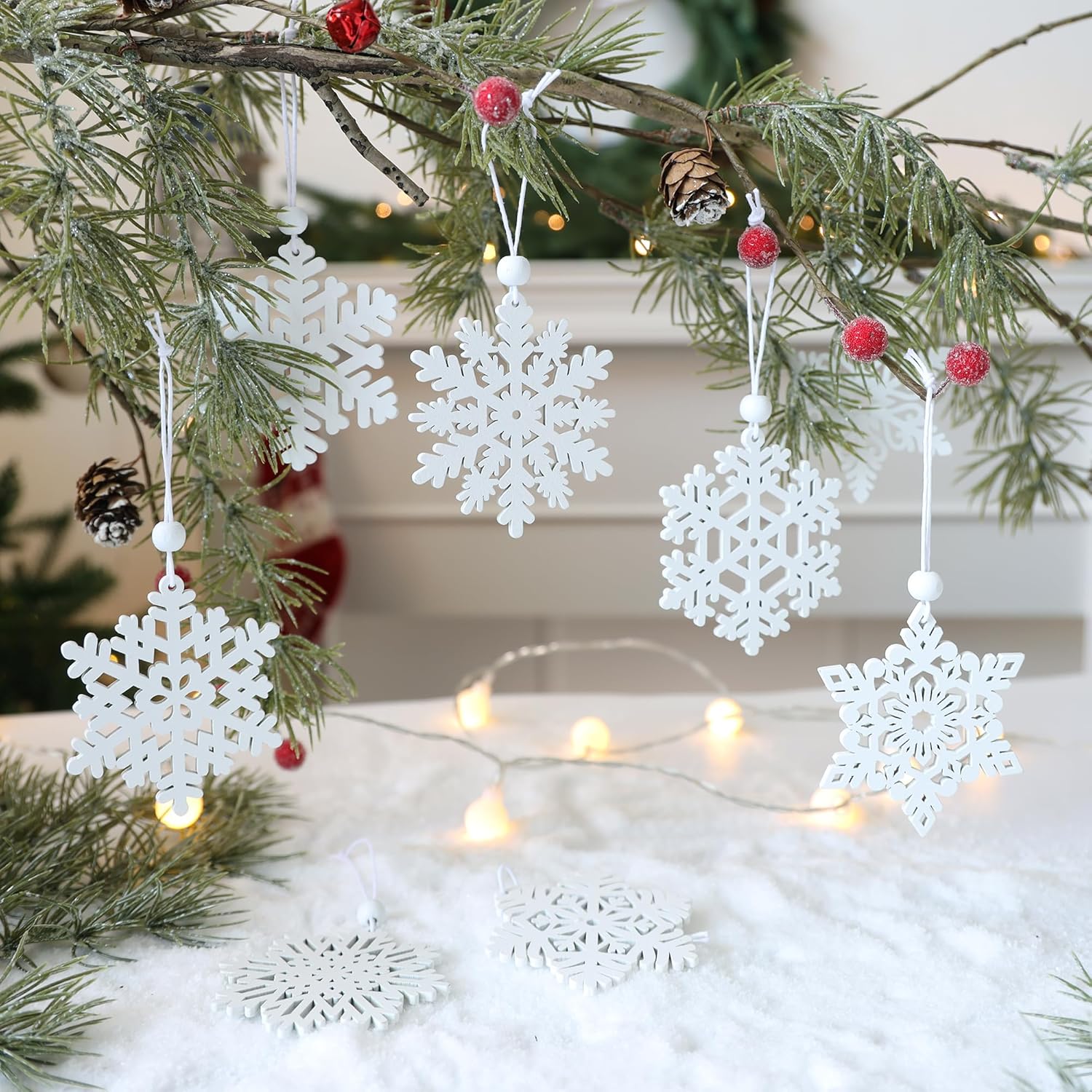 Skiennix 16-Piece White Snowflake Ornaments - 3-Inch Wooden Christmas Decorations for Holiday Crafts