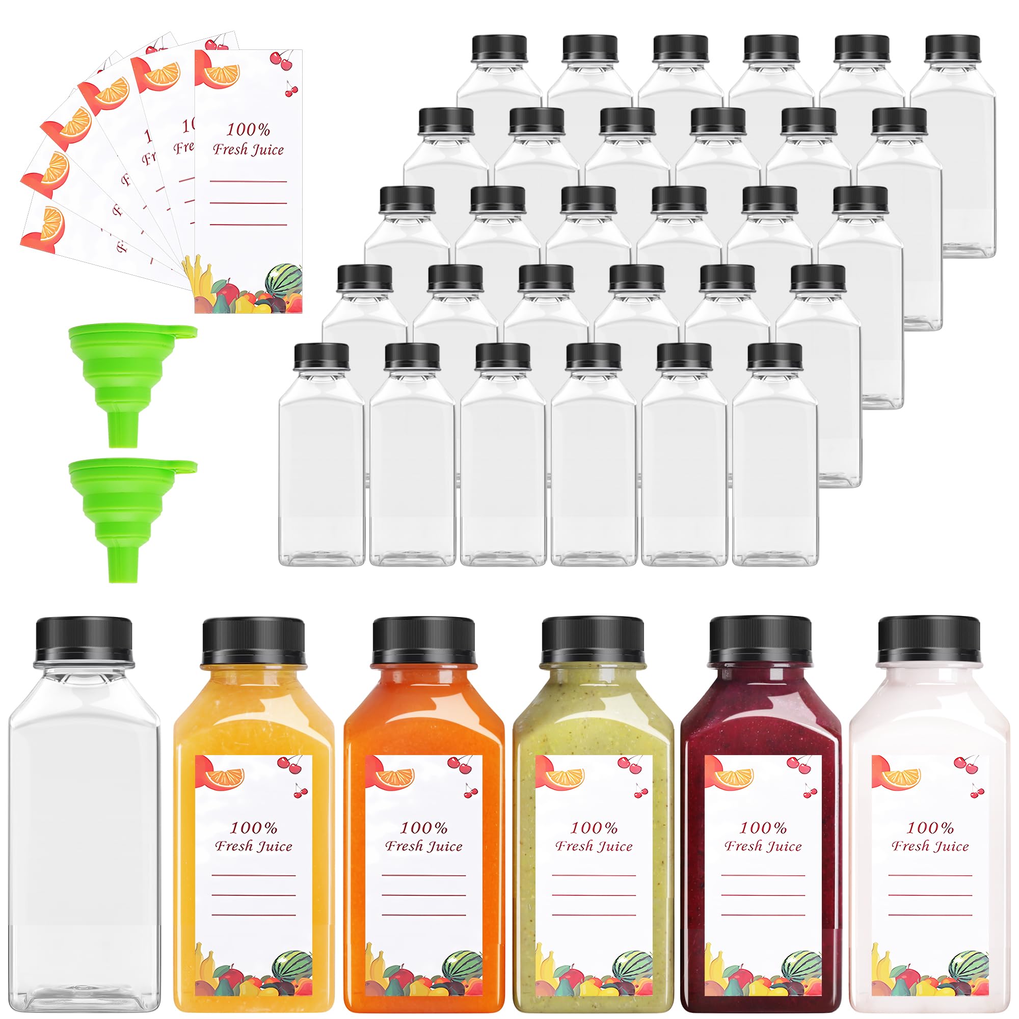 OBKJJ 80pcs 8oz Pcs Juice Bottles, Juice Bottle with Caps Reusable Empty Clear Bottles with Label, Funnel, Brush Bulk Beverage Containers for Juicing, Drinking, Smoothie and Other Beverages (8oz)