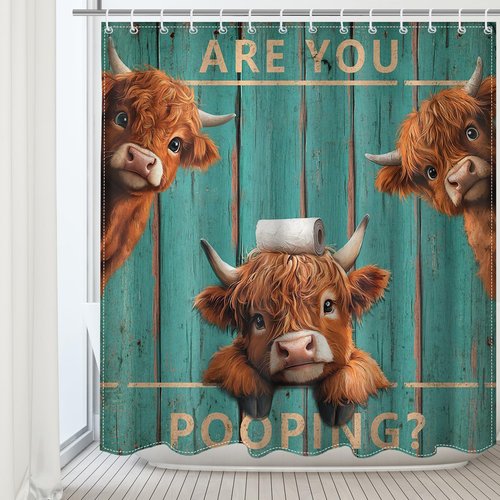 Mocsicka Vintage Funny Highland Cow Shower Curtain with 12 Hooks, Retro Farmhouse Green Plank Door Bath Curtain for Farmhouse Highland Cow Bathroom Decor Waterproof Fabric, 72 X 72 Inch