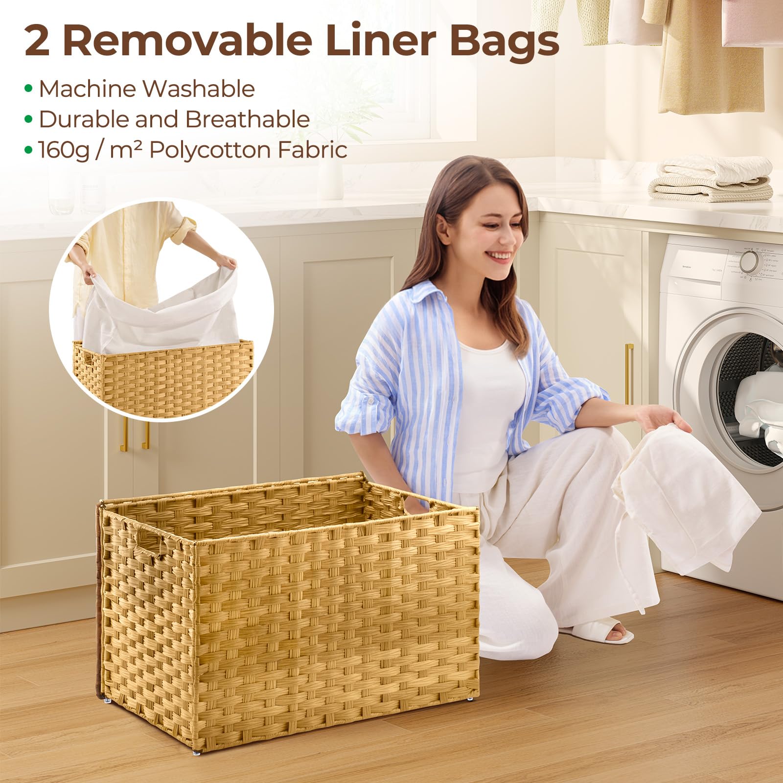 GREENSTELL Storage Basket with Lid, 27.7 Gallon(105L) Lagre Wicker Blanket Storage Basket with Handles, Foldable, 2 Removable Liner Bags, Metal Frame, for Bedroom, Laundry Room, Natural