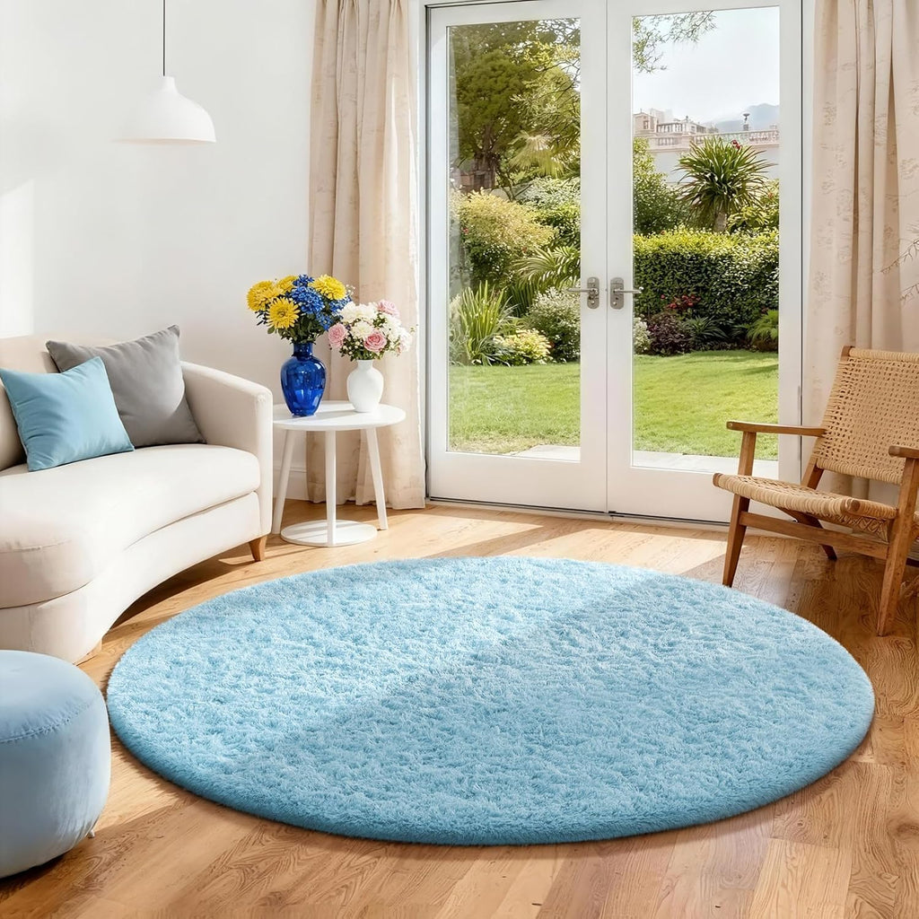Ophanie Round Rug - Fluffy Light Blue Circle Area Rug for Kids & Teens | 4Ft Plush Shag Carpet
