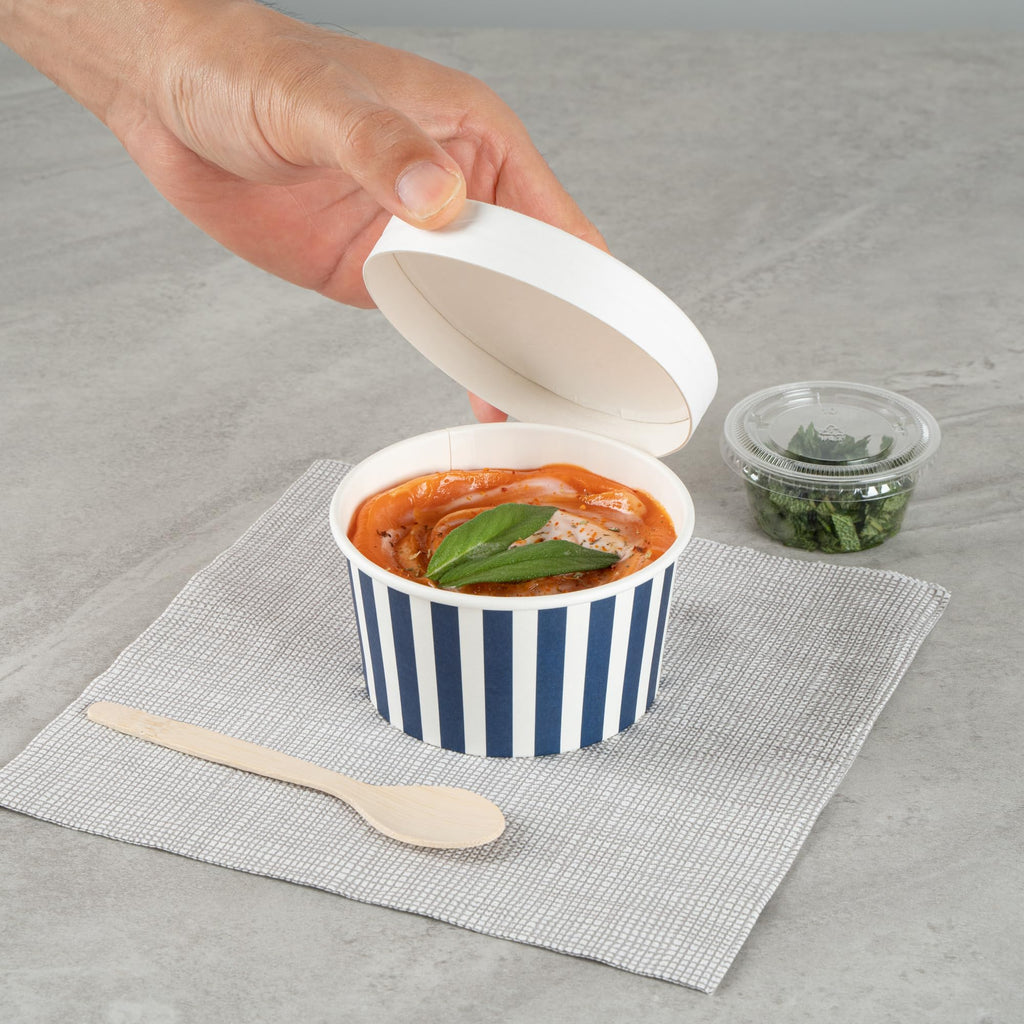 Restaurantware Coppetta 8 Ounce Dessert Cups, 200 Disposable Ice Cream Cups - Lids Sold Separately, Sturdy, Blue And White Paper FroYo Bowls, Striped, For Hot And Cold Foods, Perfect For Gelato