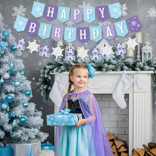 Snowflake Happy Birthday Banner,2 Set Pre-Strung Blue Snowflake Banner with Castle for Birthday Party Decorations,Winter Wonderland Holiday Party Decorations,Christmas
