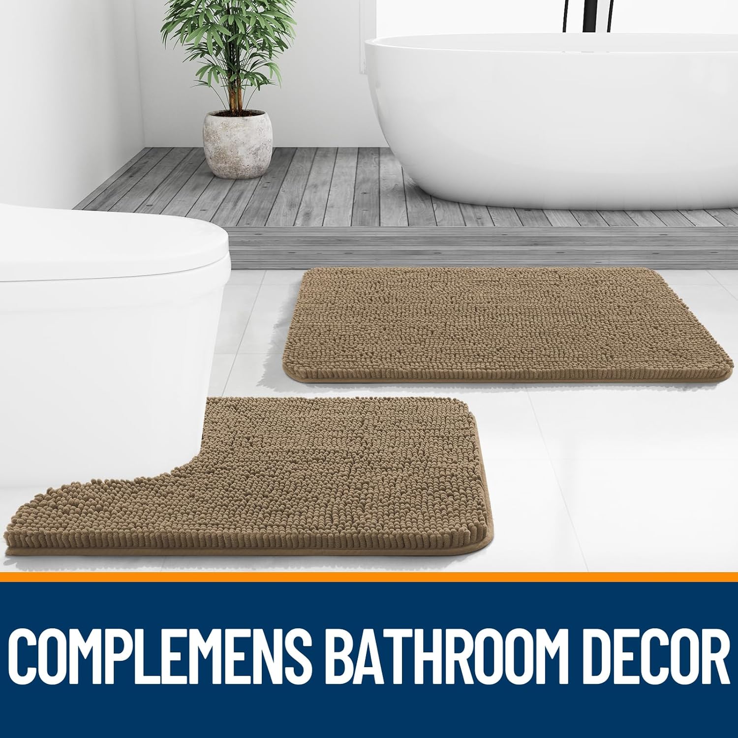 OLANLY Bathroom Runner Rugs - Extra Soft Chenille Bath Mat with Rubber Backing | 70x24, Tan, Quick Dry & Machine Washable