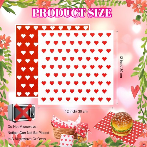 FoldTier 100 Pcs Valentine's Day Wax Paper Sheets for Food Wrapping 12x12 Inch Deli Paper Sheets Greaseproof Parchment Papers Food Basket Liners for Sandwich Burgers Fries (Classic, Red, White)