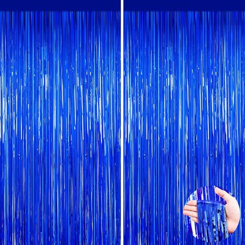 Blue Tinsel Backdrop Streamers - 2 Pack Ocean Party Decorations for Birthdays & Weddings