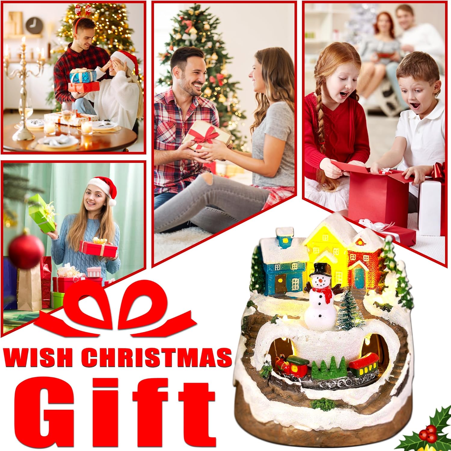 Skiennix Musical Resin Snowman Figurines - Spinning Train & LED Lights | Holiday Indoor Decor