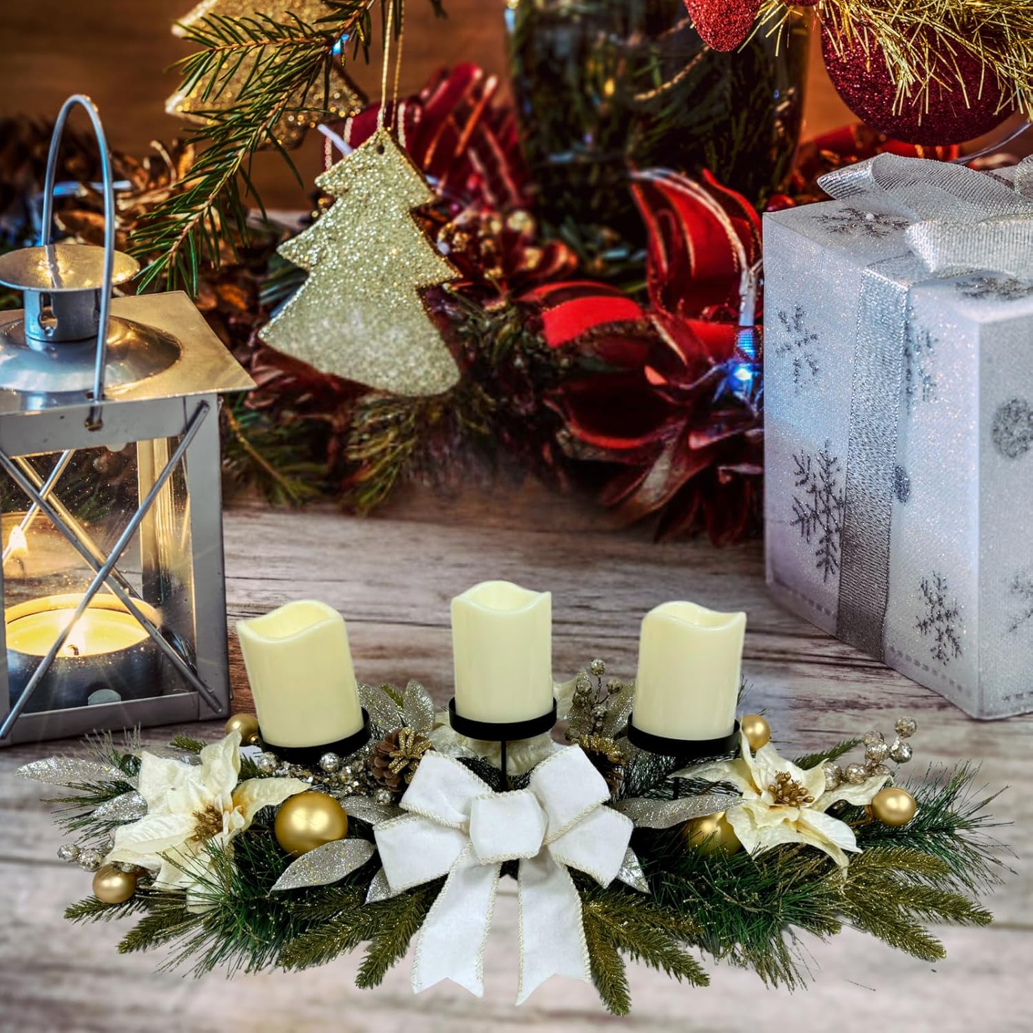 Svndlyn Christmas Candle Holders - Elegant 3-Piece Centerpiece with Poinsettia Flowers & Glitter Pinecones