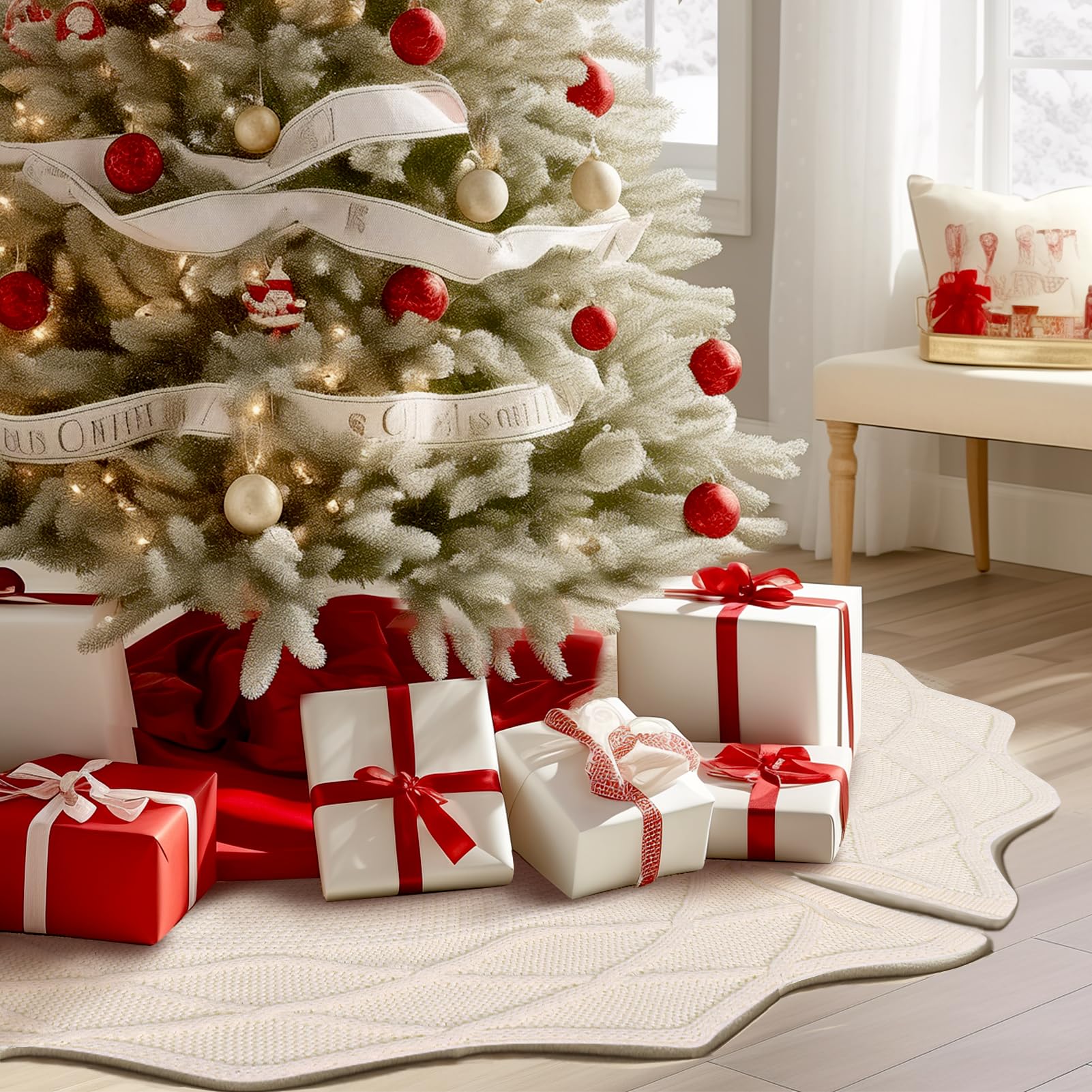 WBHome Christmas Tree Skirt, 48 inch Cable Knit Knitted Thick Rustic Holiday Decoration, Christmas White