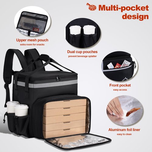 GoHimal Food Delivery Backpack, Insulated Food Delivery Bags for Takeout Bike, Large Pizza Takeout Bag for HOT/COLD with 4 Pockets Reflective Perfect for Uber Eats, Camping & Beach